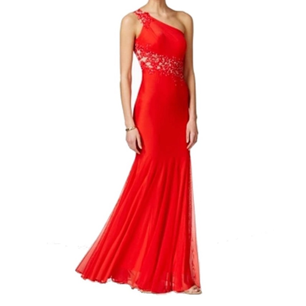 Xscape off shoulder long red dress